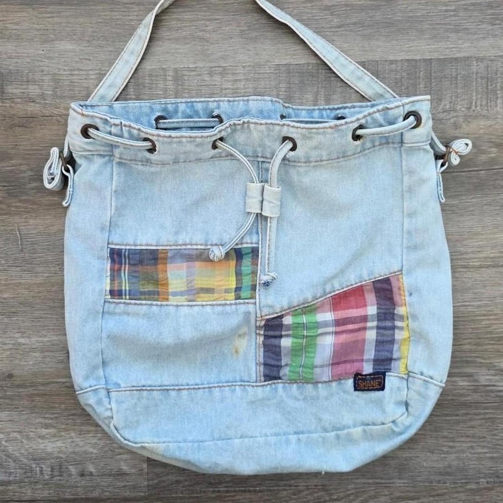Vintage Shane Denim Patchwork Bucket Bag 80s 90s Plaid Boho Hobo Purse Blue